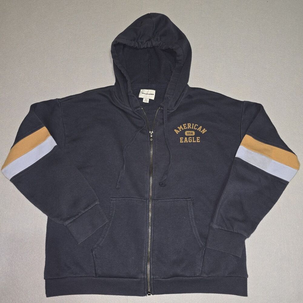 Vintage American Eagle Women's Blue Fleece Hoodie Full Zip Kangaroo Size Medium